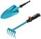 A blue garden set comprising a spade and a rake with black handles.