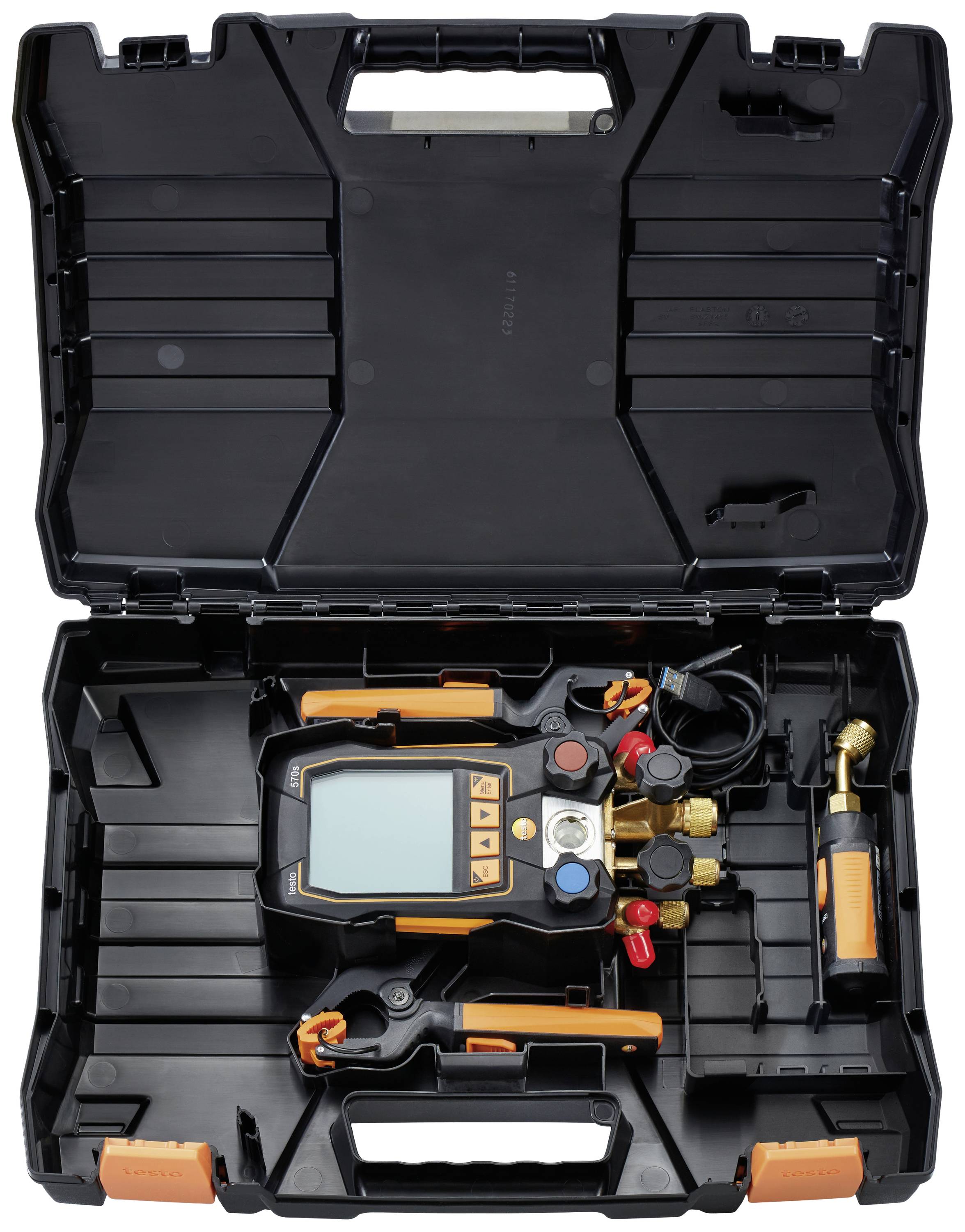 Open black plastic case with compartments, containing a digital manometer with accessories, essential for HVAC work.