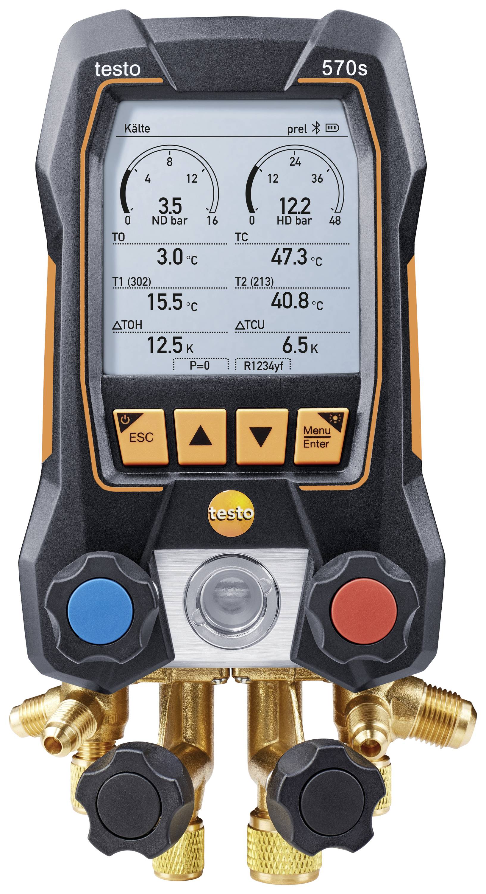 A digital pressure gauge with display, showing measurement values for pressure (bar) and temperature (°C) of refrigeration systems. Control buttons located at the bottom.