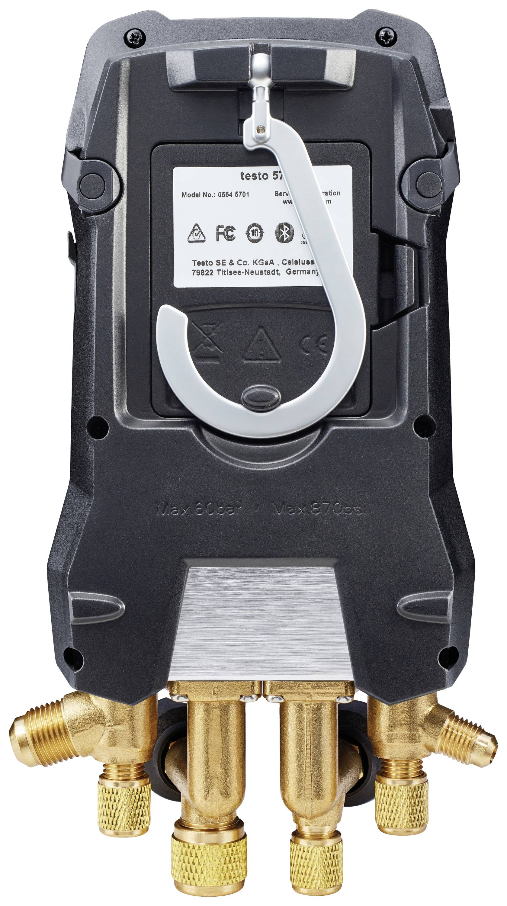 Back of a digital measuring device with several golden connectors at the bottom and a hanging hook at the top. Model label visible.