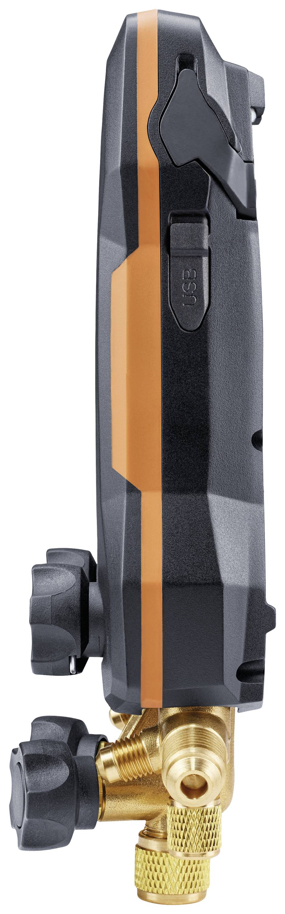 A black device with an orange stripe and brass connections, shown from the side. It has rotary knobs and a switch on the top.