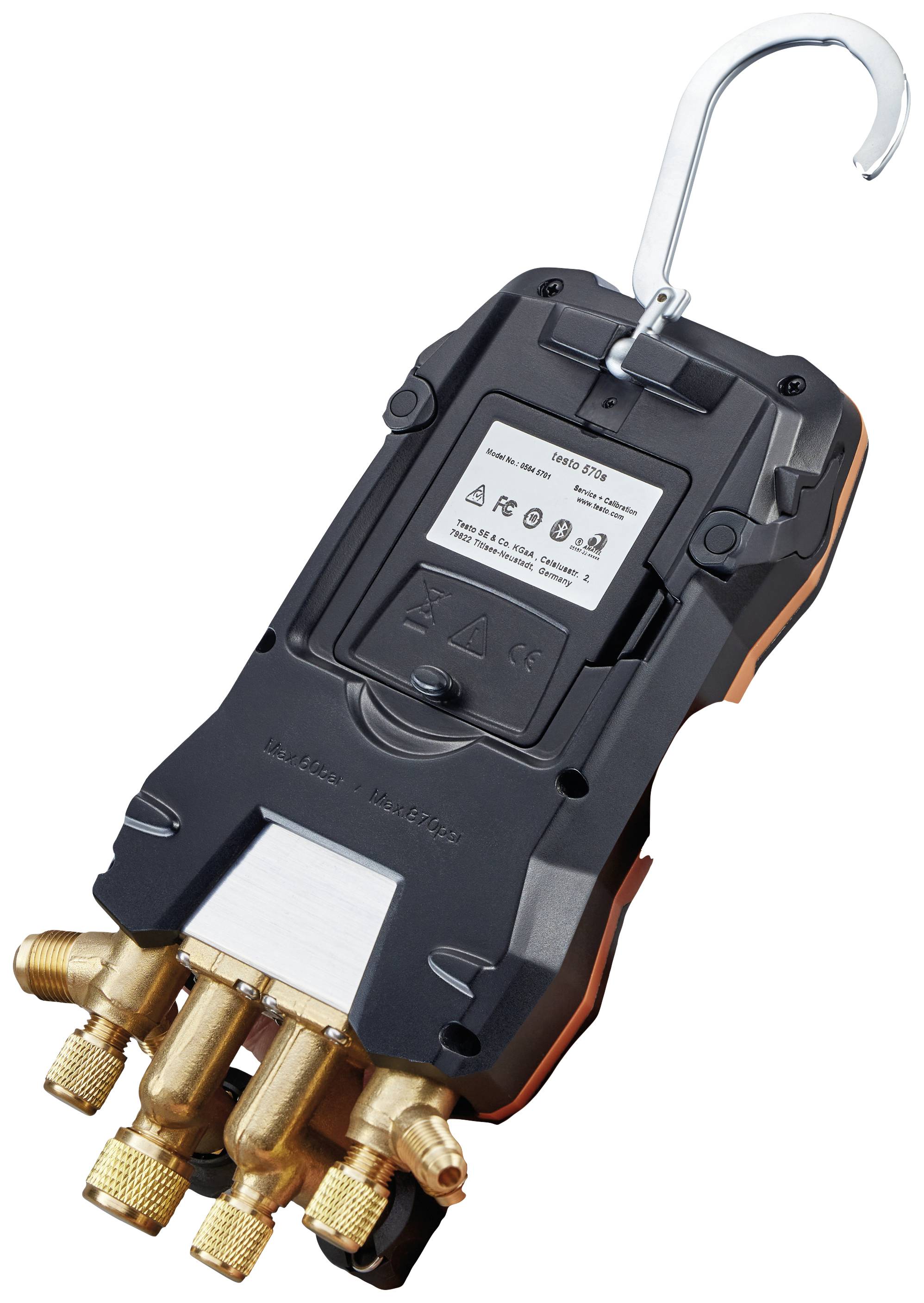 Portable digital measuring device with multiple valves and hooks for measuring pressure in refrigeration and air conditioning systems.