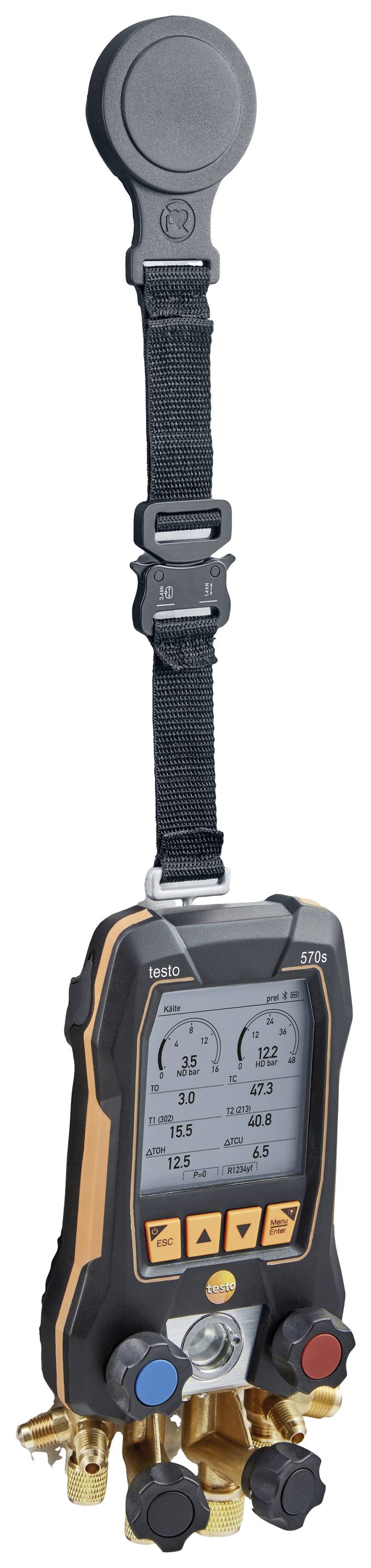 A digital pressure gauge with a display showing various pressure and temperature readings. It is attached to a carrying strap.