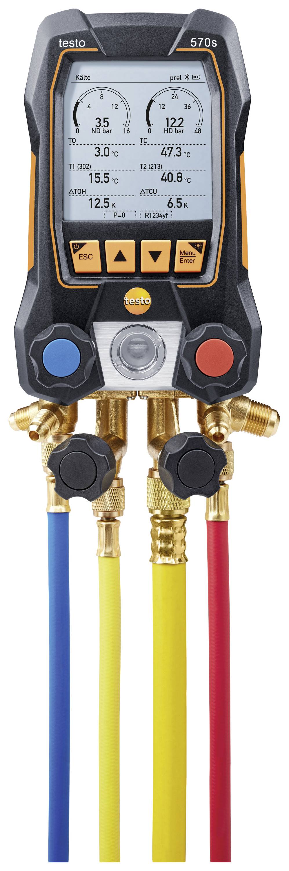 Digital climate measuring device with various coloured hoses, displaying temperature and pressure readings on a screen.