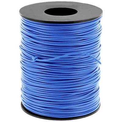 A large reel of thin, blue wire, wound up and ready for use in electrical or craft projects.