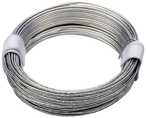 A coil of silver metal wire, tightly wound, held by a white ribbon.