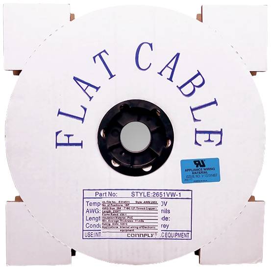 'Flat Cable' on cable reel, white, with product information and label. Primarily suitable for technical applications.