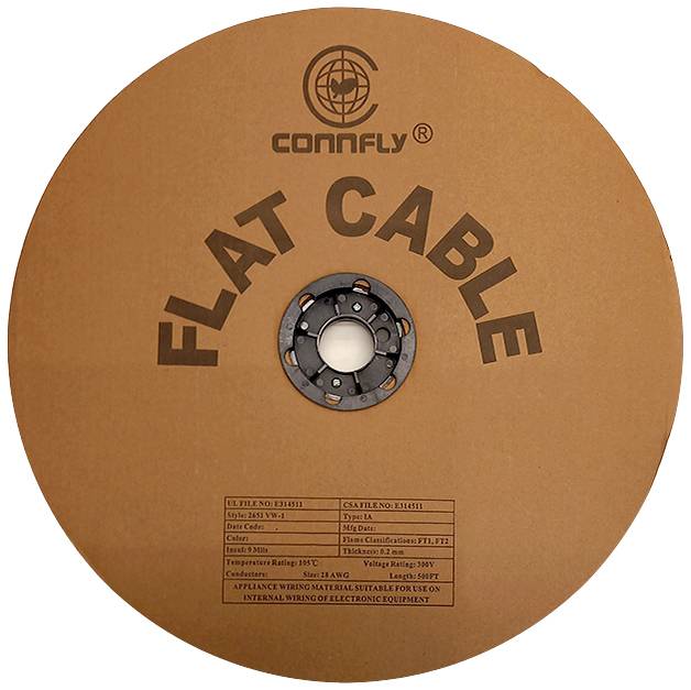 Flat cable reel by Connfly, brown packaging printed with cable information and technical specifications.