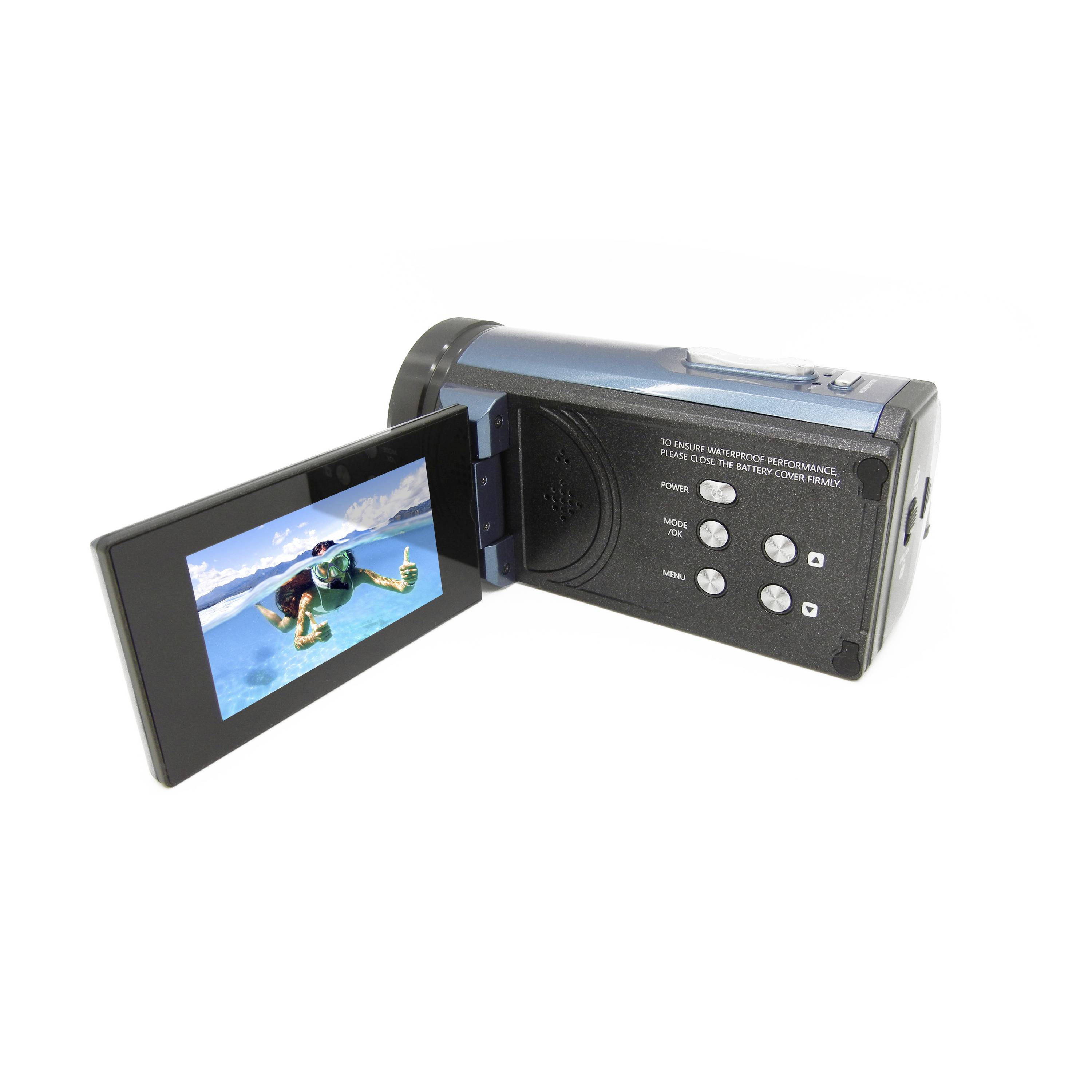 A black video camera with a flipped-out screen, displaying a surfer image. The camera is positioned sideways.