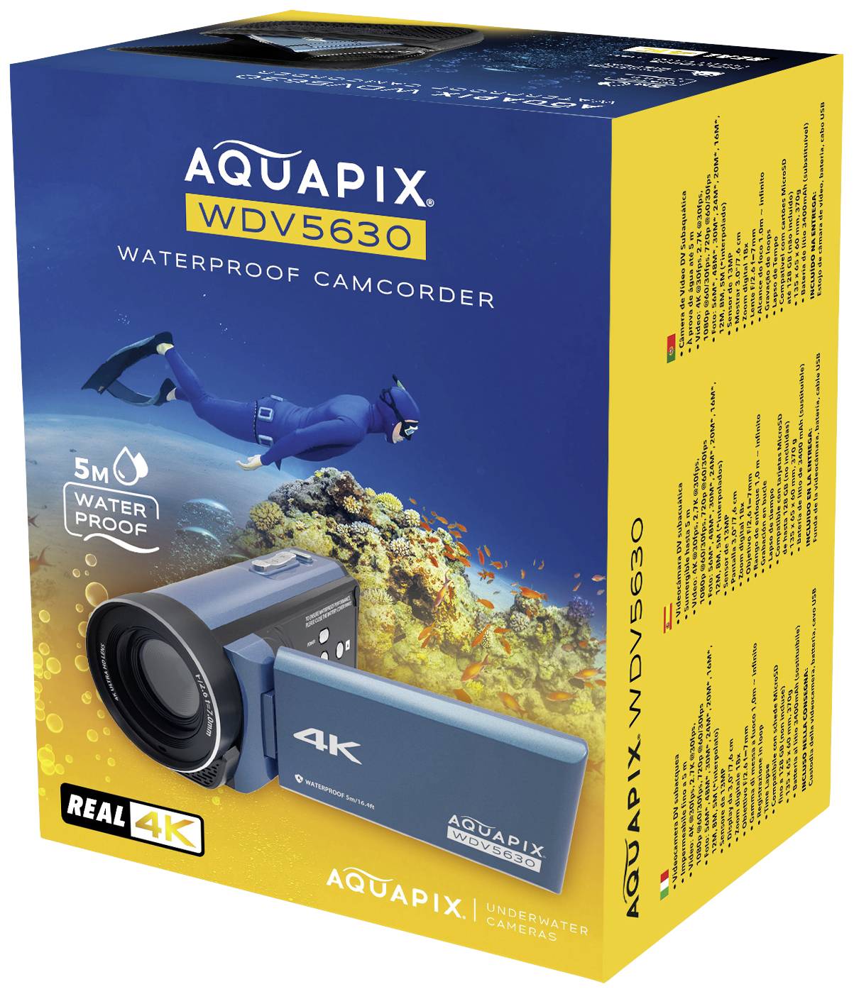 Packaging for an Aquapix WDV5630 waterproof video camera. Pictured is a diver underwater. Highlighted: 4K resolution and 5m water-resistant.