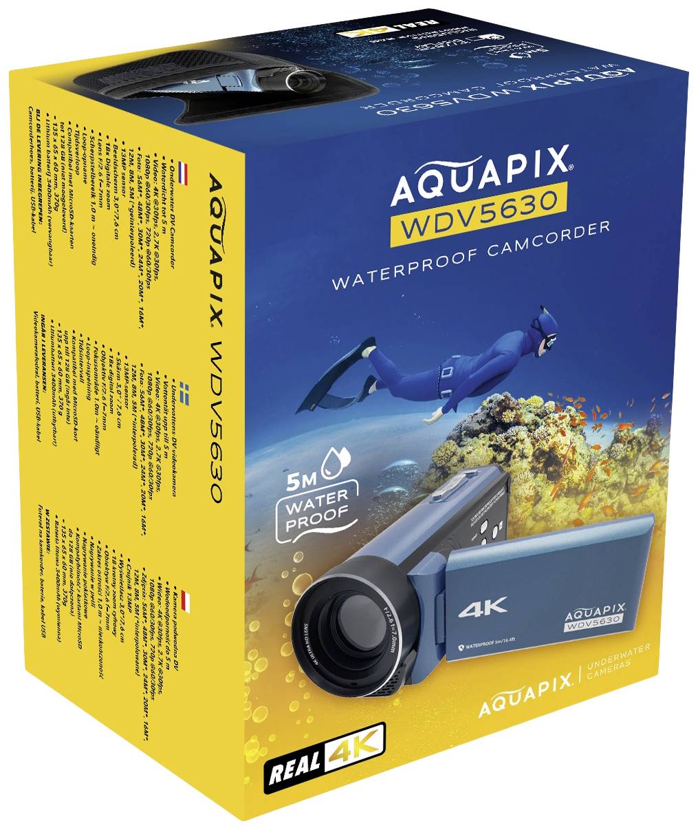 Yellow packaging of the waterproof 4K camcorder camera 'AQUAPIX WDV5630'. Pictured is a diver underwater.