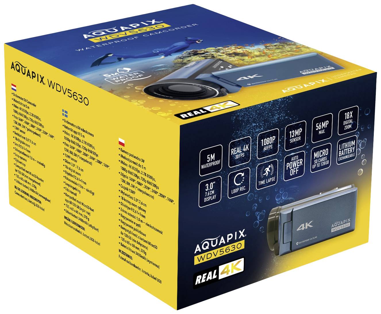 A yellow packaging for an AQUAPIX WDV5630 camera, displaying 4K resolution, 5m waterproof, 1080p recording, 13MP camera, 3.0'' screen.