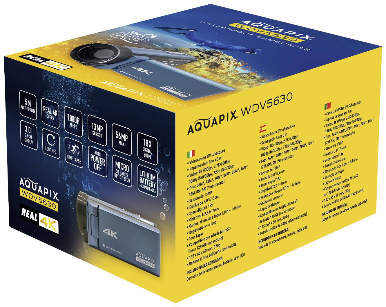 Packaging for a 4K Underwater Camera with Product Details and Specifications in Multiple Languages. Image of Camera and Accessories.