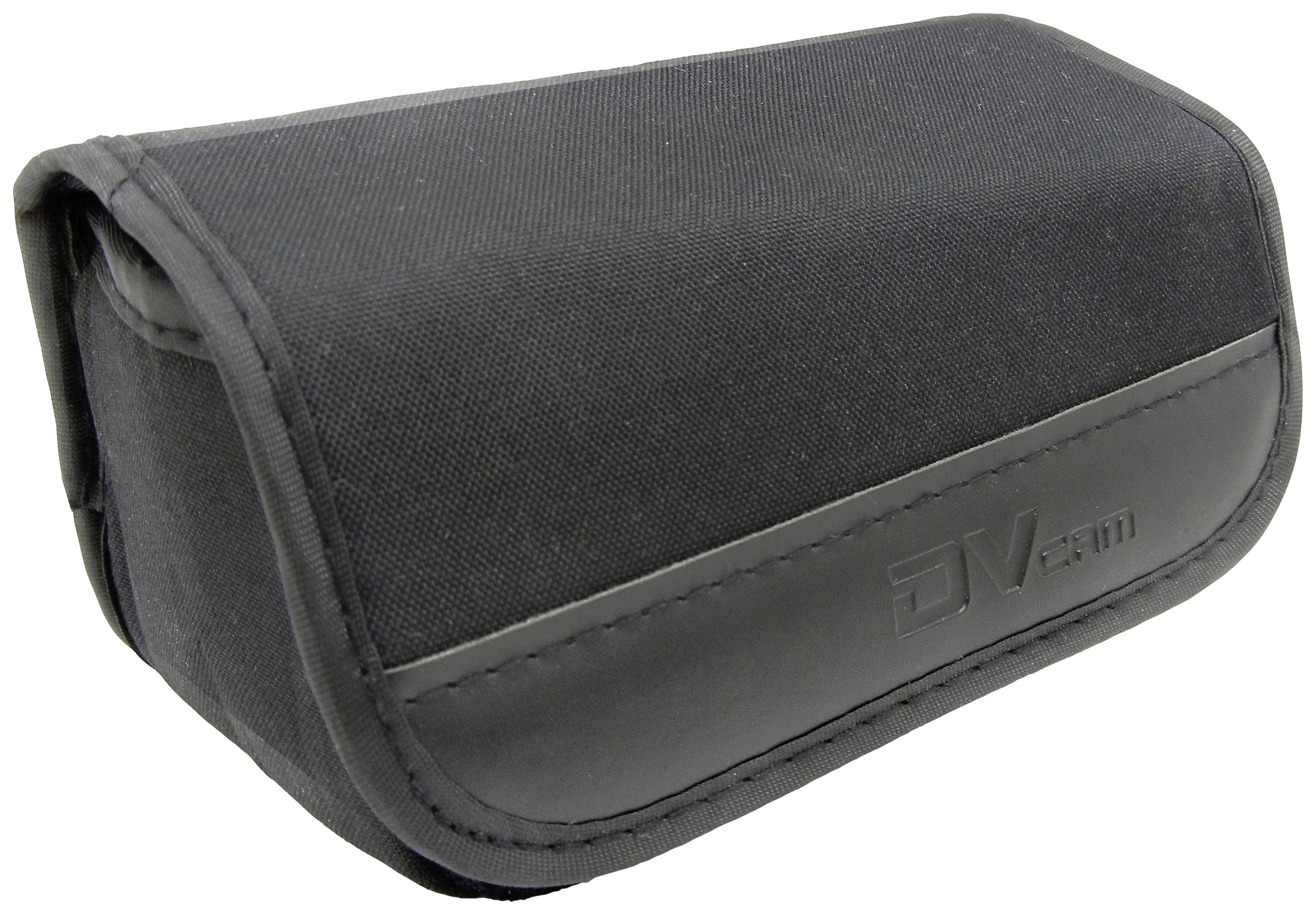 Black, rectangular photo bag with rounded edges and embossed logo, suitable for transporting camera accessories.