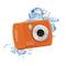 An orange waterproof camera with 'Aquapix' printed on it and splashing water in the background, suggesting outdoor use.