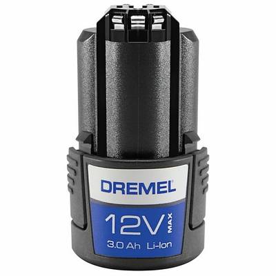 '12V Max' Dremel 3.0 Ah Li-Ion Battery. Black with blue label, suitable for cordless power tools.