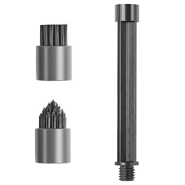 Two drill brush attachments: an upper one with parallel bristles, a lower one with angled bristles. A rectangular adapter on the right.