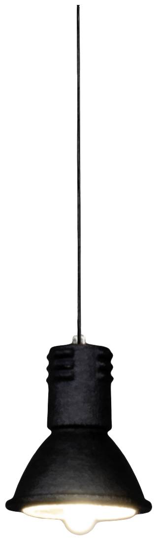 A predominantly black pendant light with a black cable and a glowing light bulb hanging beneath it.