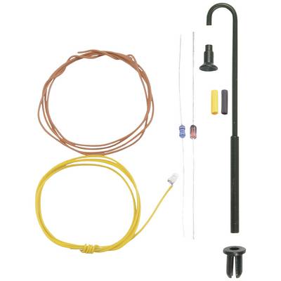 Cables, resistors, LED, heat-shrink tubing and metal hooks on a white background. Electronic components for circuit creation.