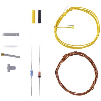 Various electronic components: yellow and brown cable, two resistors, insulating sleeves, and connectors, arranged on a white background.