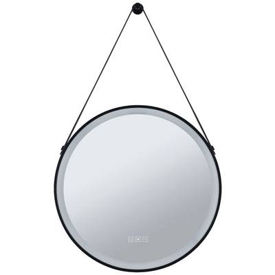 Round mirror with a black frame, hanging from a thin cord.