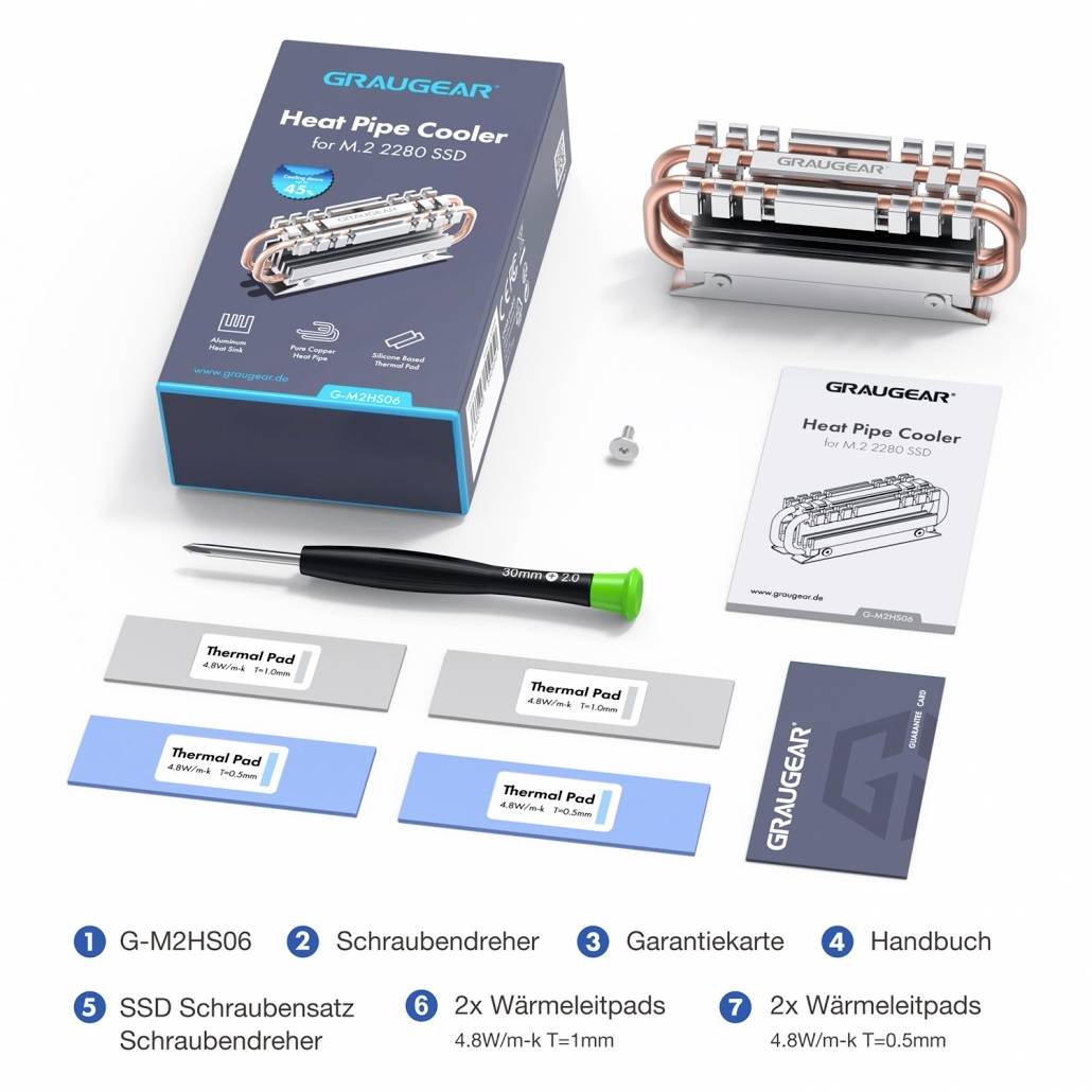 'Graugear Heat Pipe Cooler' for M.2 2280 SSD, includes heatsink, instruction manual, warranty, screwdriver, screws, 4 thermal pads.