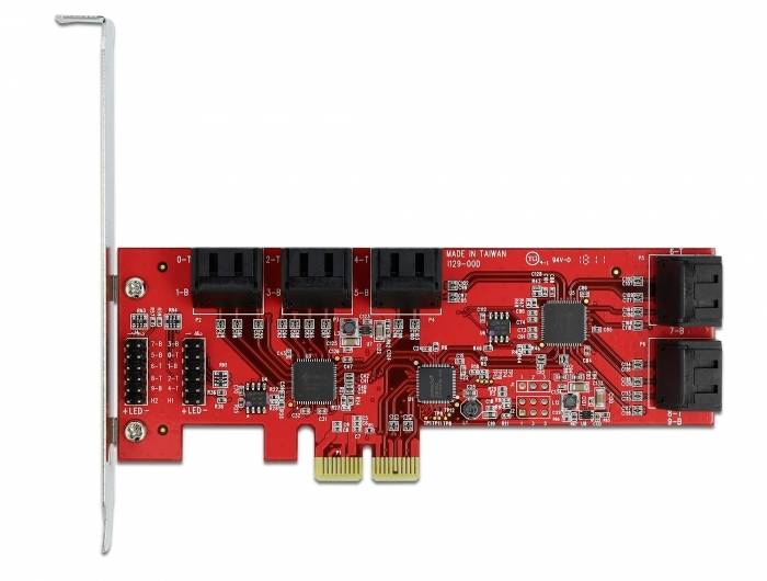 'Red PCI-Express expansion card with multiple SATA ports and integrated circuits, suitable for connecting hard drives.'