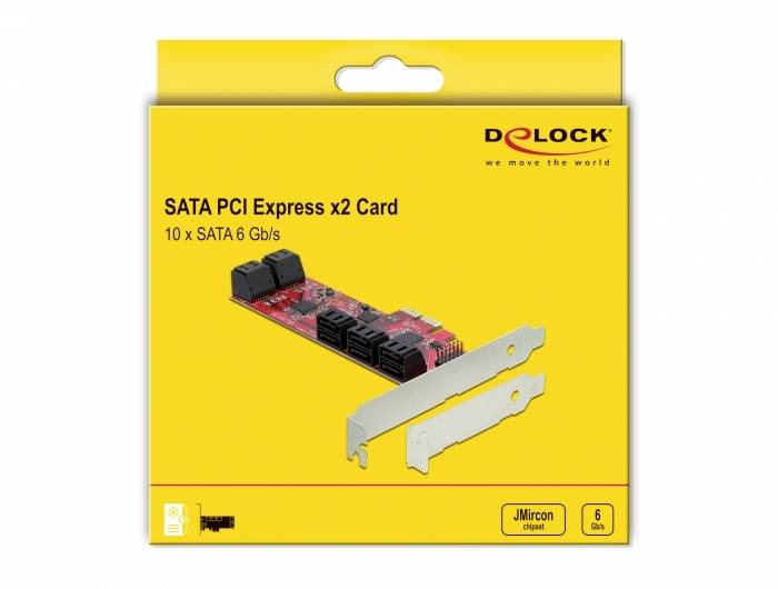 'SATA PCI Express x2 Card' packaging, yellow, shows card illustration and labelling '10 x SATA 6 Gb/s'. Contains 'JMicron' chip.