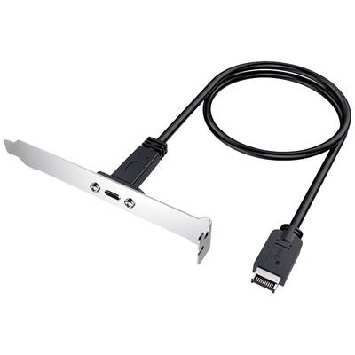 A PCIe expansion plug with a USB-C port on a metal bracket, connected by a cable with a larger plug.