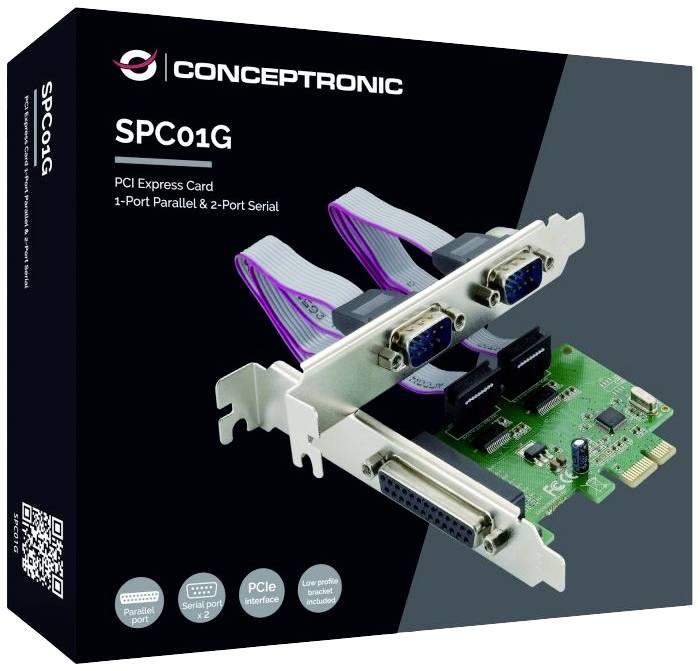 Packaging for a Conceptronic SPC01G PCI Express card with parallel and 2-port serial connection. Shows the card and cables.