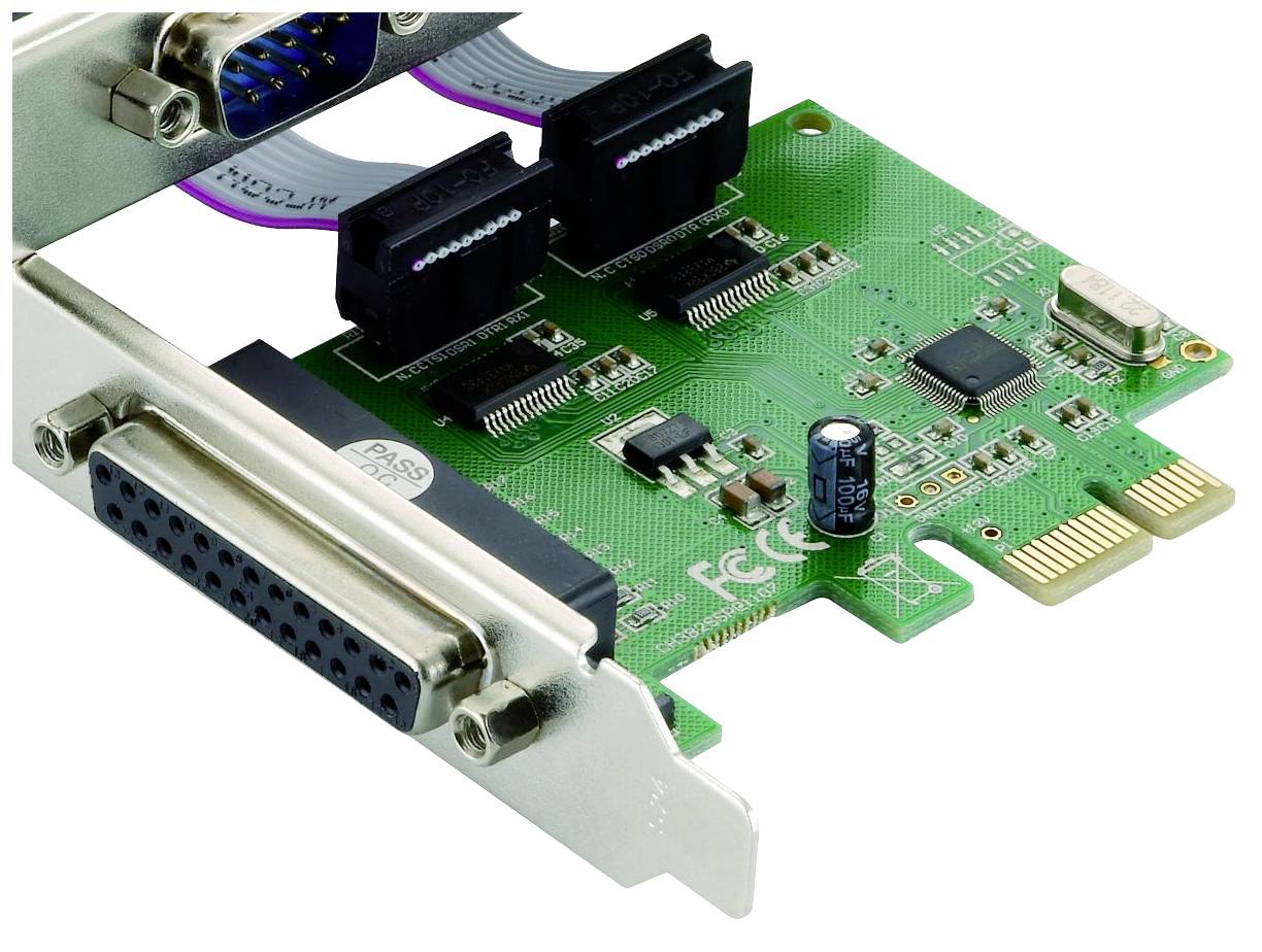 Expansion card with two parallel ports and a green circuit board, compatible with PCIe interface, for computer hardware integration.