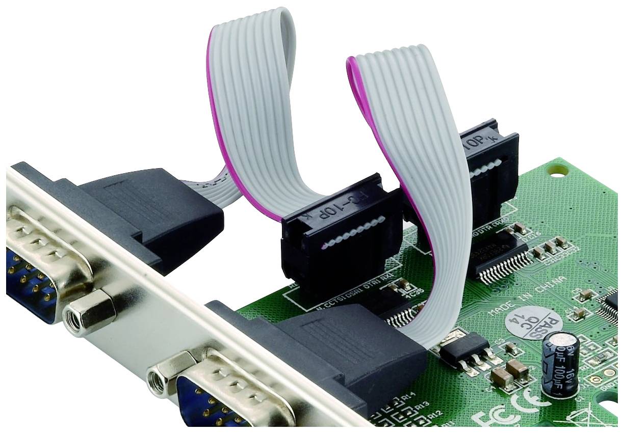 A green circuit board with two connected ribbon cables and two serial ports.