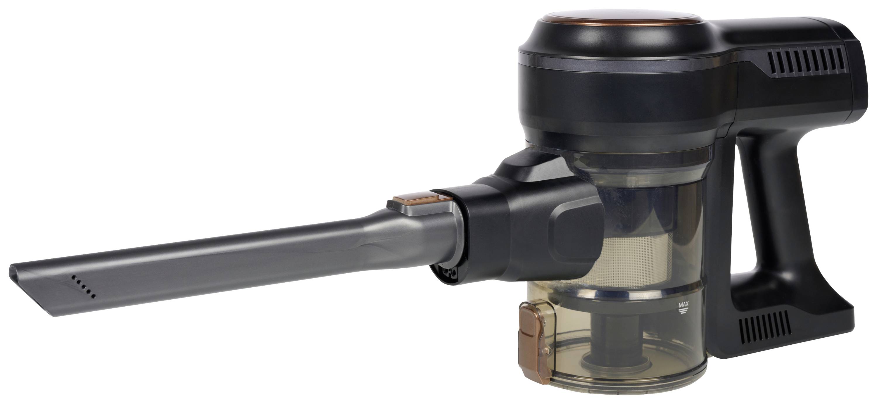 Portable, black and grey handheld vacuum cleaner with a long, slim nozzle, suitable for hard-to-reach areas.