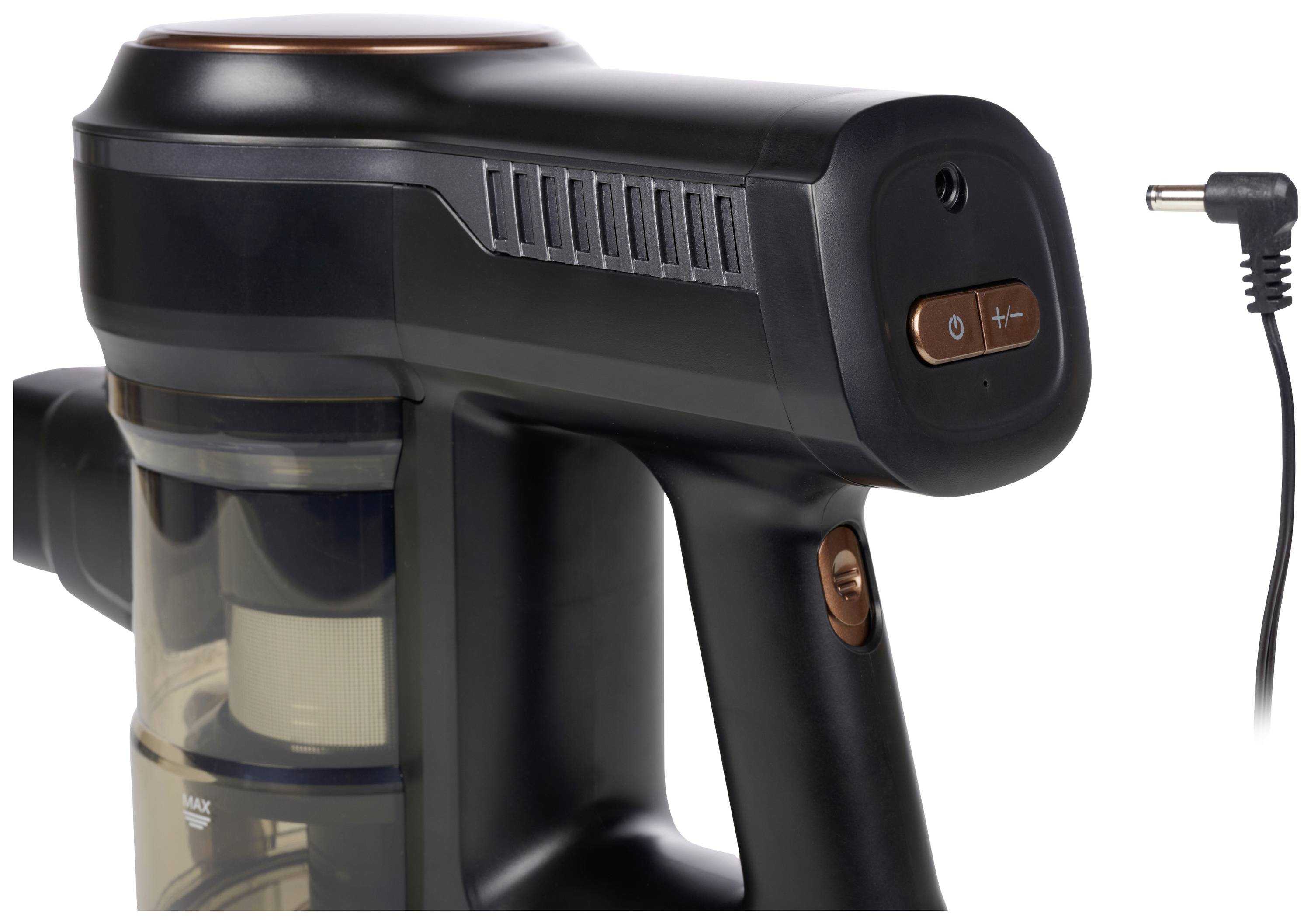 Portable, black handheld vacuum cleaner with a side-mounted dust collection chamber and power cord.