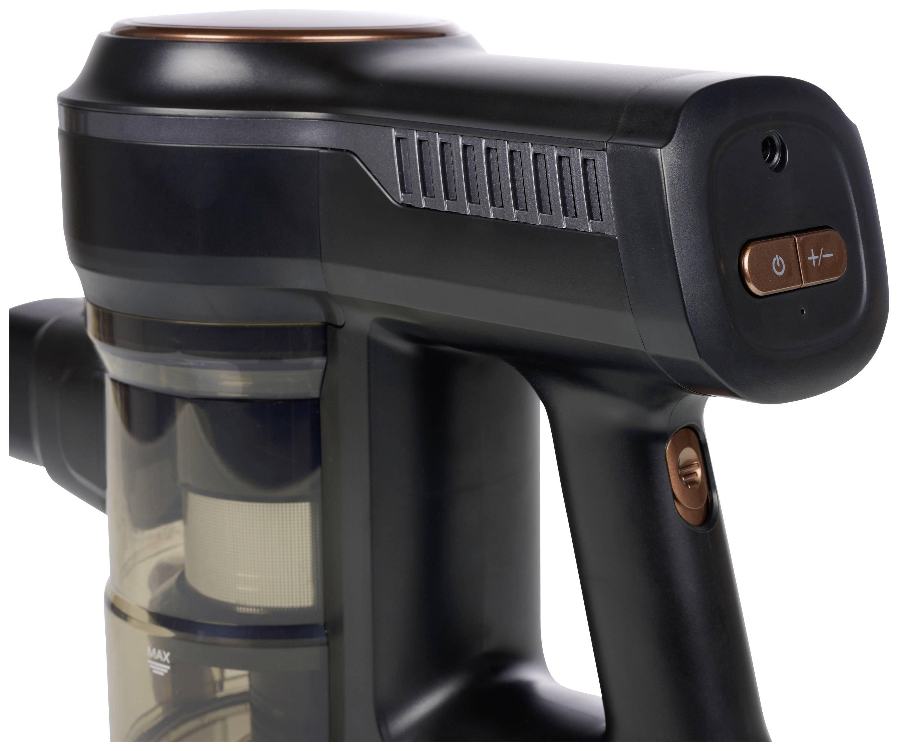 A black, cordless handheld vacuum cleaner with a transparent dust container and control buttons.