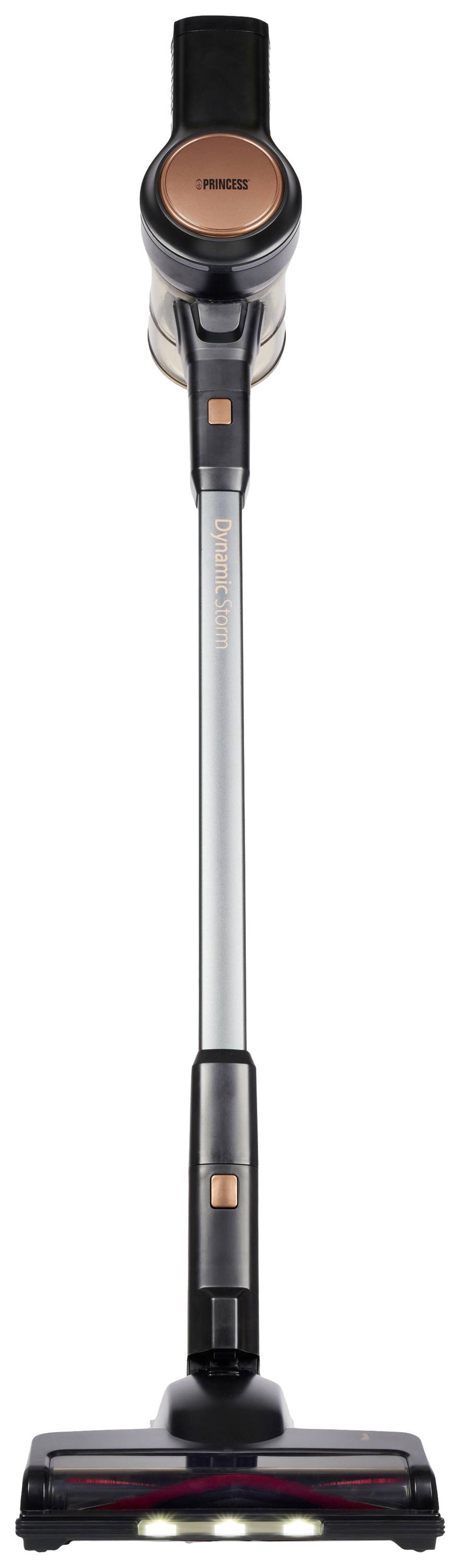 Cordless stick vacuum cleaner with a long handle and visible dust container unit, standing upright against a light background.