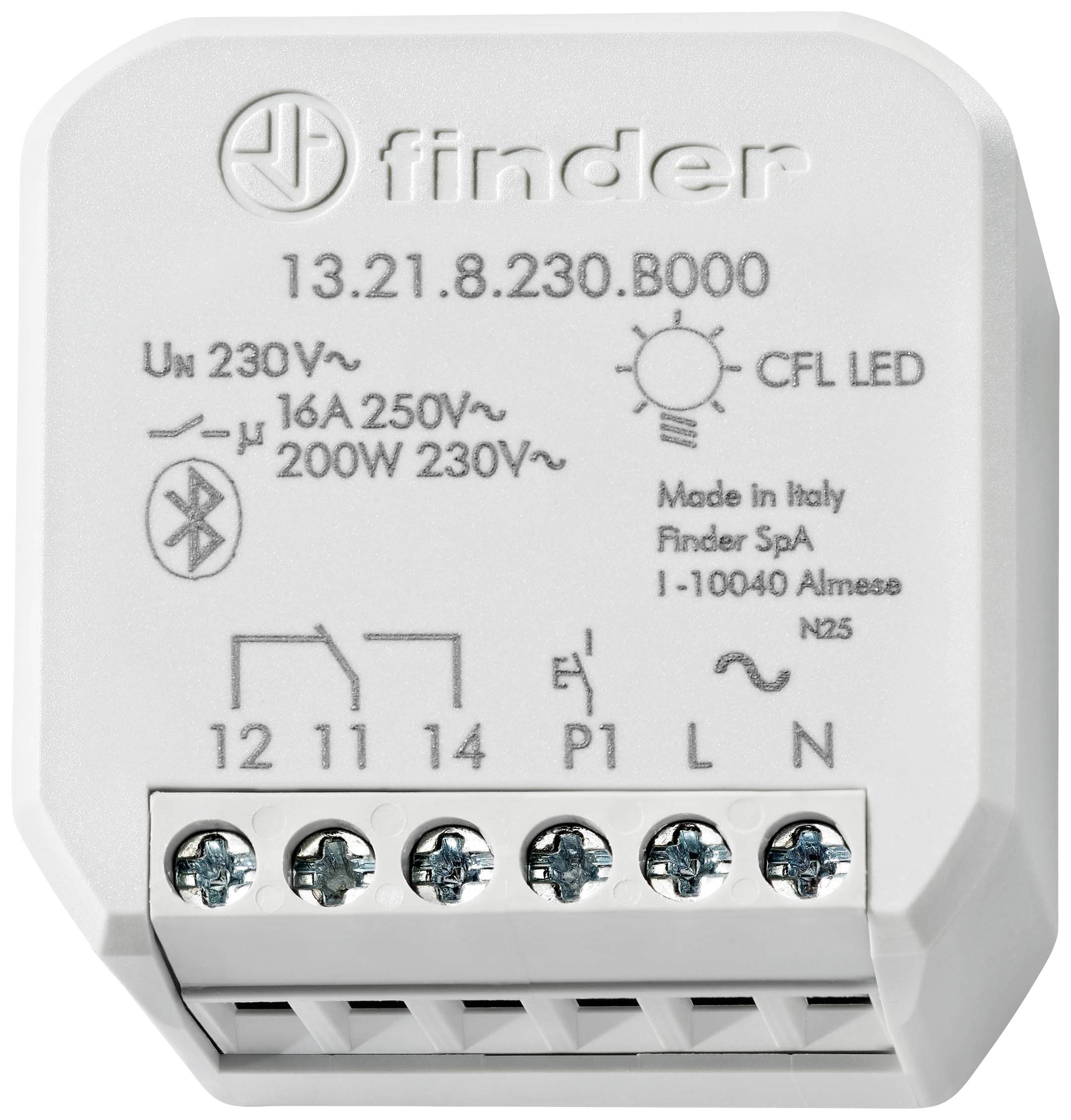 An electrical relay module with labels for voltage, current, and terminal connections. Manufactured in Italy by Finder.