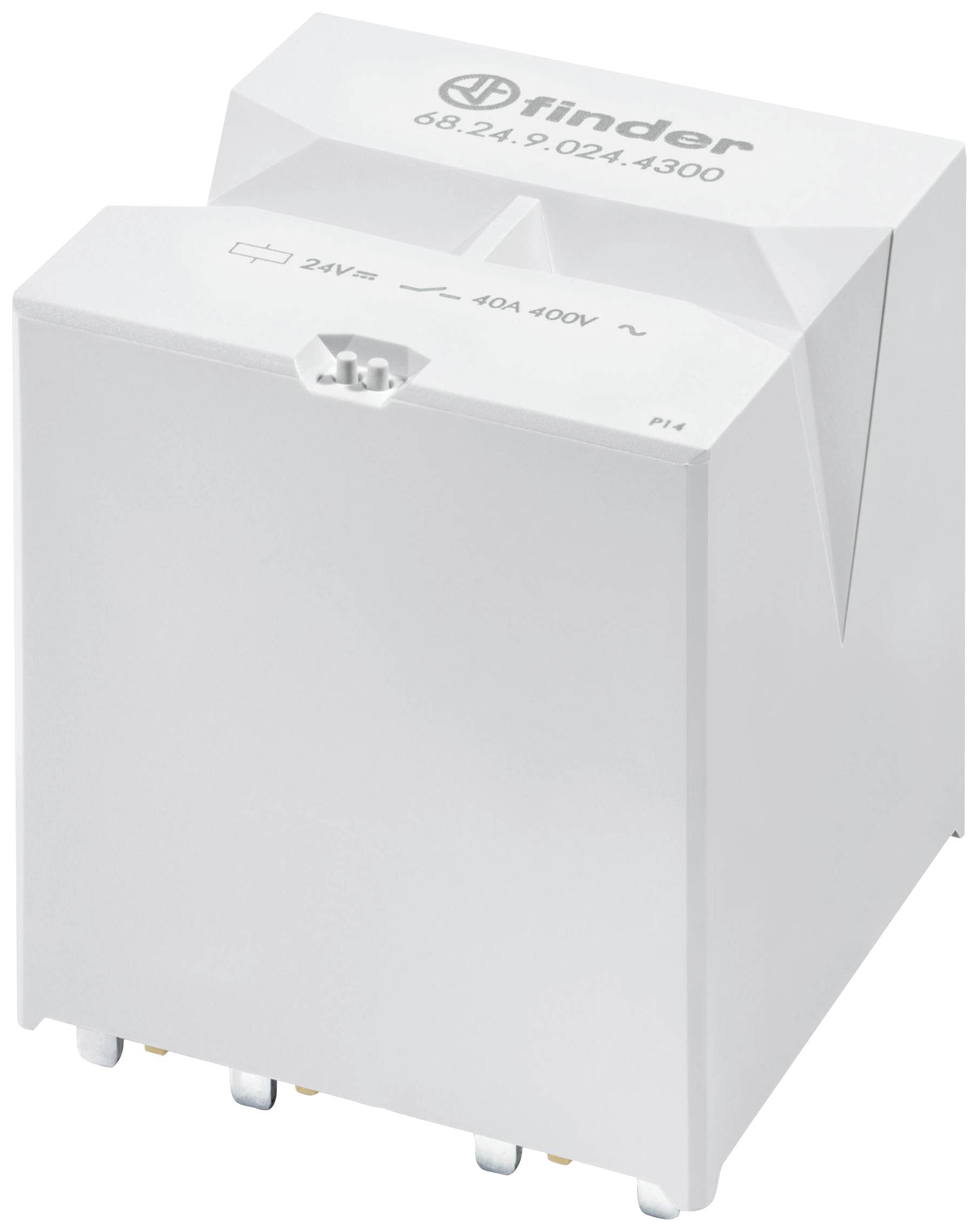 A white Finder relay with model number 68.24.9.024.4300. It is rated for 24 V DC, 40 A, 400 V.