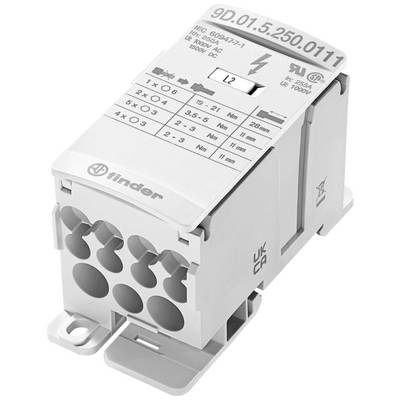 An electrical relay block with multiple connection openings and technical specifications on the top surface.