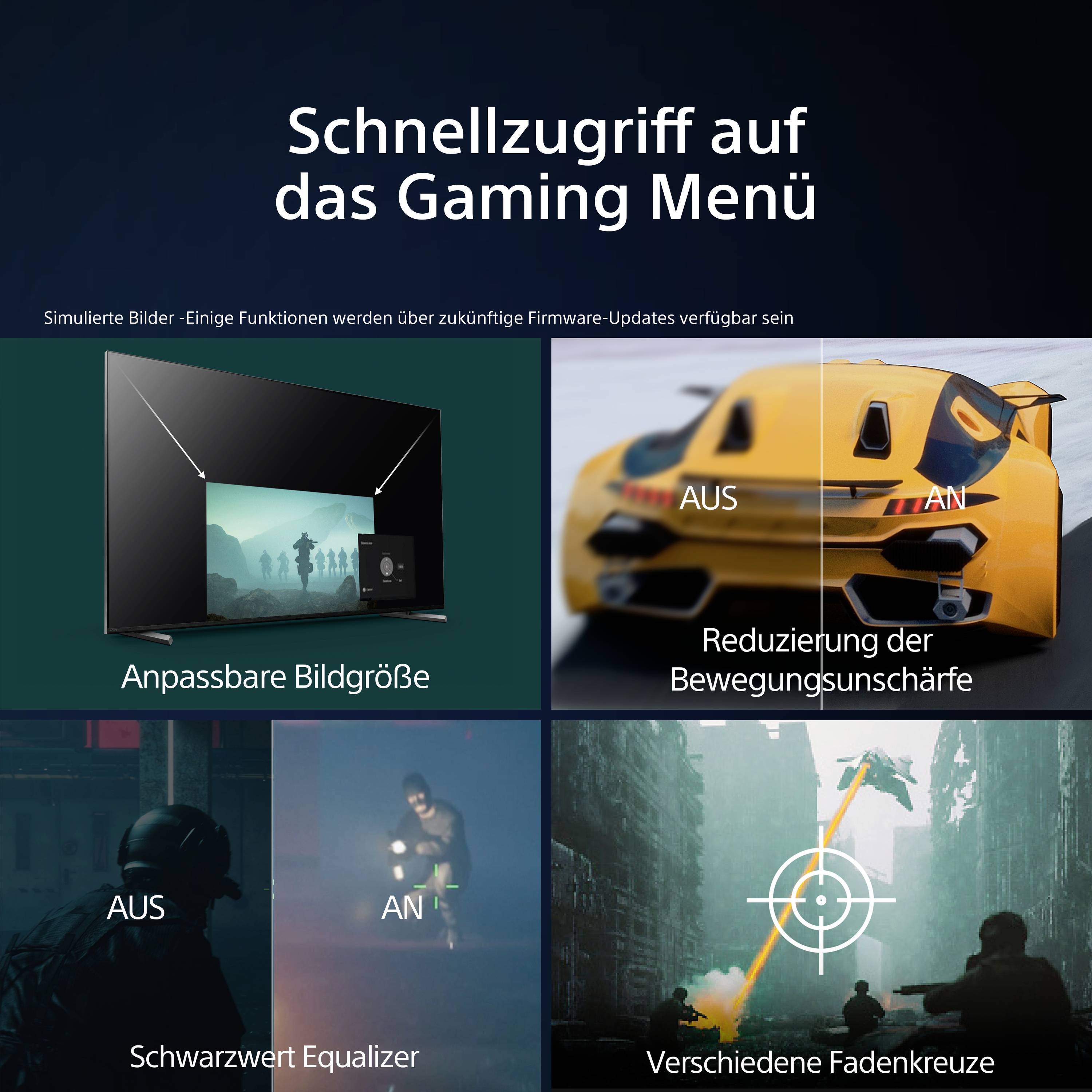 'Quick Access to the Gaming Menu' with functions: 'Customisable Image Size', 'Motion Blur Reduction', 'Black and White Equaliser', 'Various Crosshairs'.