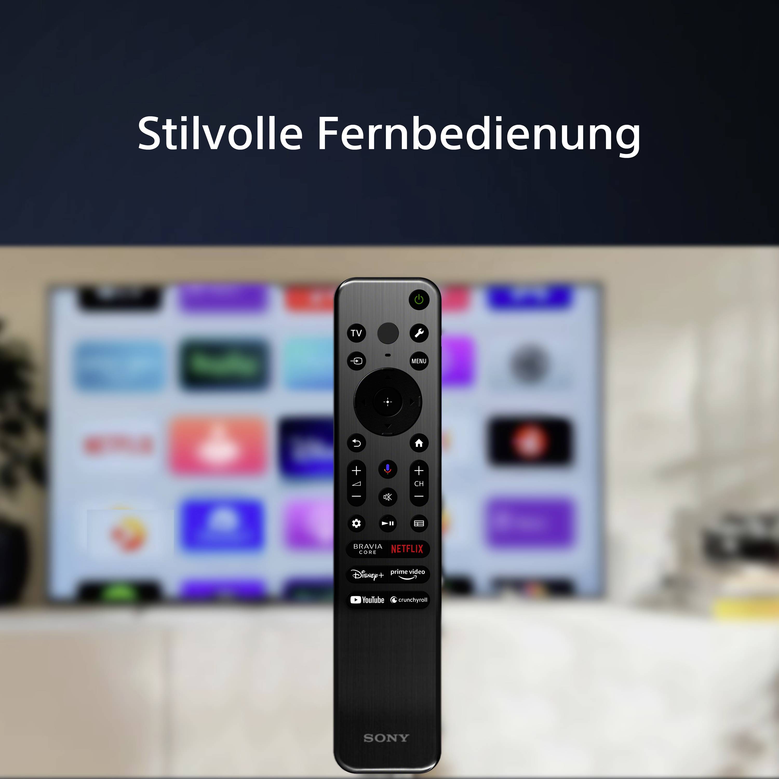 Remote control in front of a blurry television displaying streaming services on the screen, with text 'Stylish Remote' at the top.