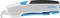 Grey-blue safety knife with a black handle and blue release button, lying sideways, brand 'martor'.