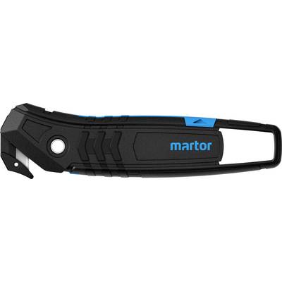 A black safety knife with blue accents, suitable for cutting packaging materials.