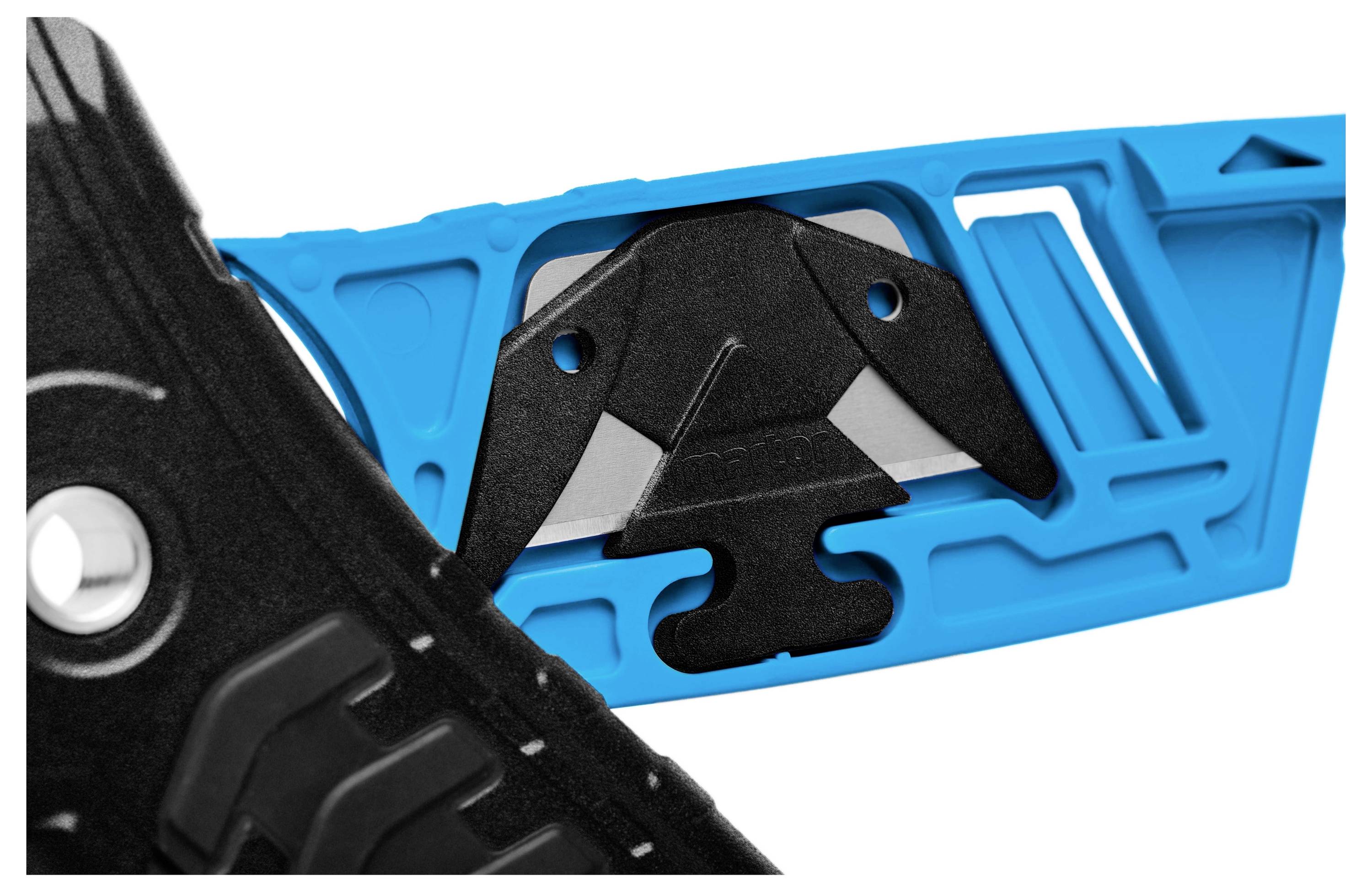 Black and blue cutting tool with safety cap, showing blade detail and attachment mechanism.