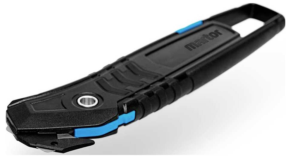 Black safety knife with blue accent, ergonomic handle and cutting blade, suitable for packaging work.