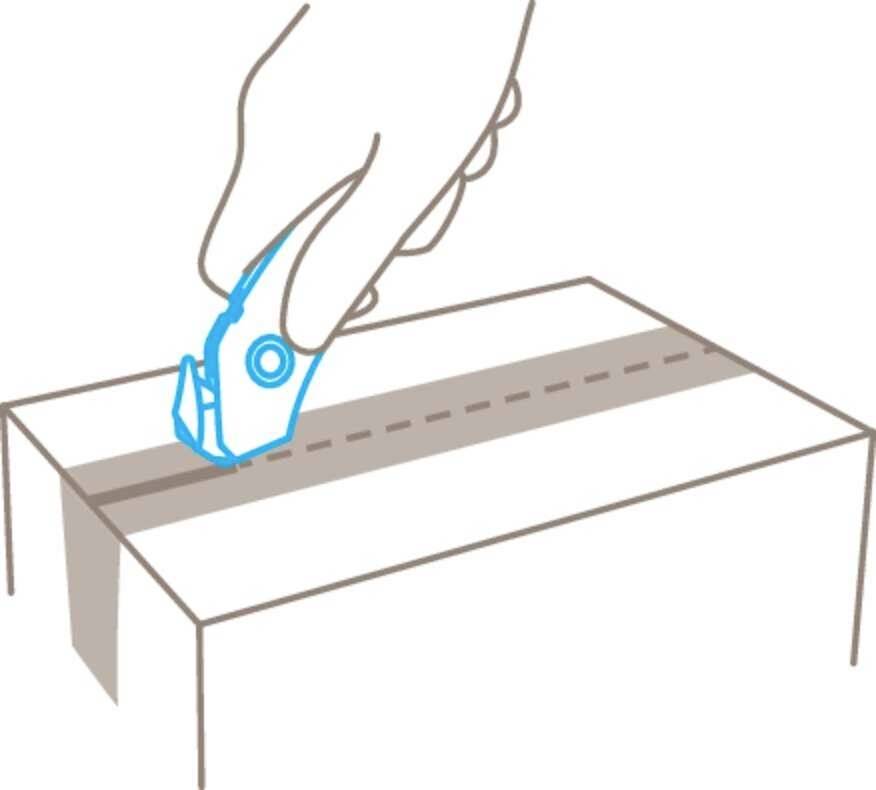 A hand opens a cardboard box along the adhesive line using a utility knife.