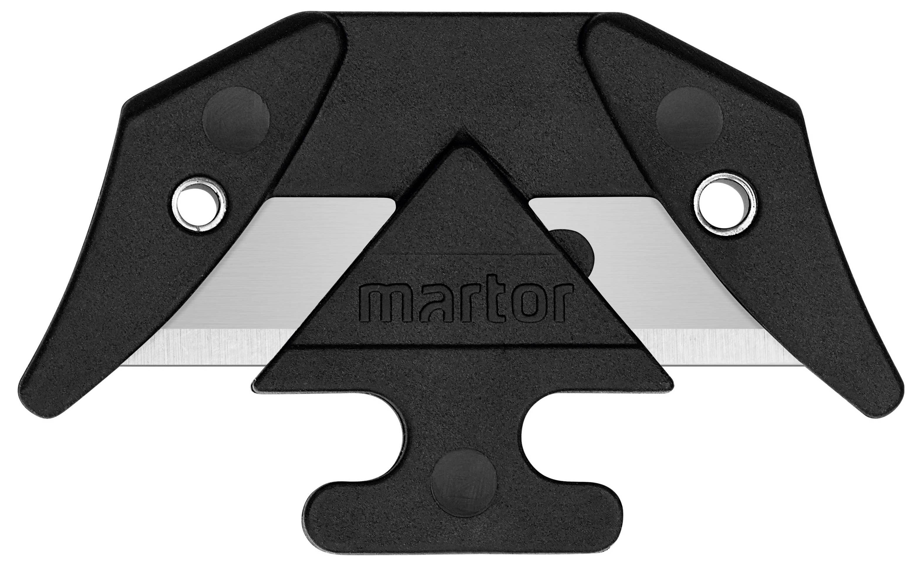 A blade holder with a black plastic mounting and two blade openings. The inscription 'martor' is visible in the centre.