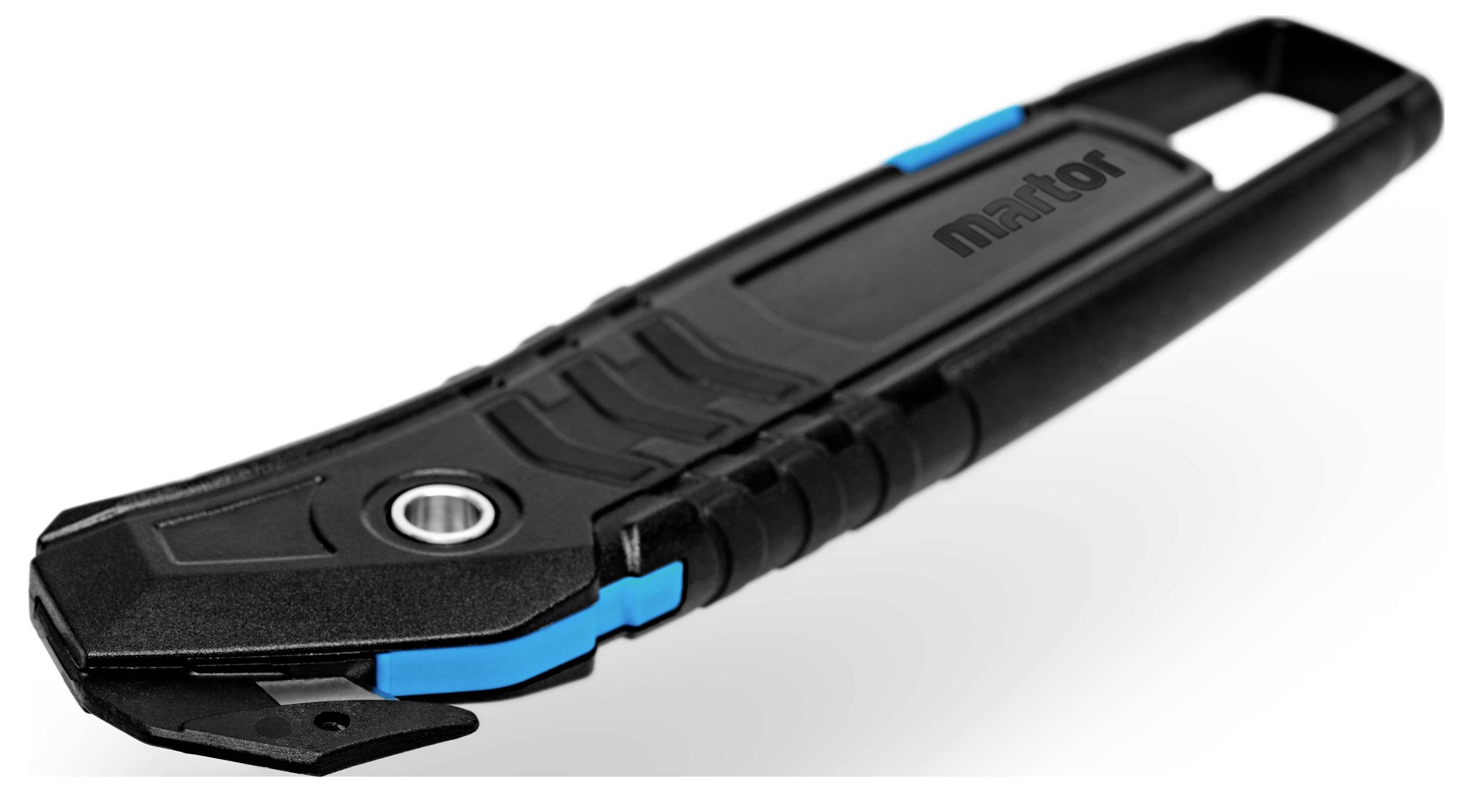 Black and blue plastic tool with a blade, likely for opening packaging.