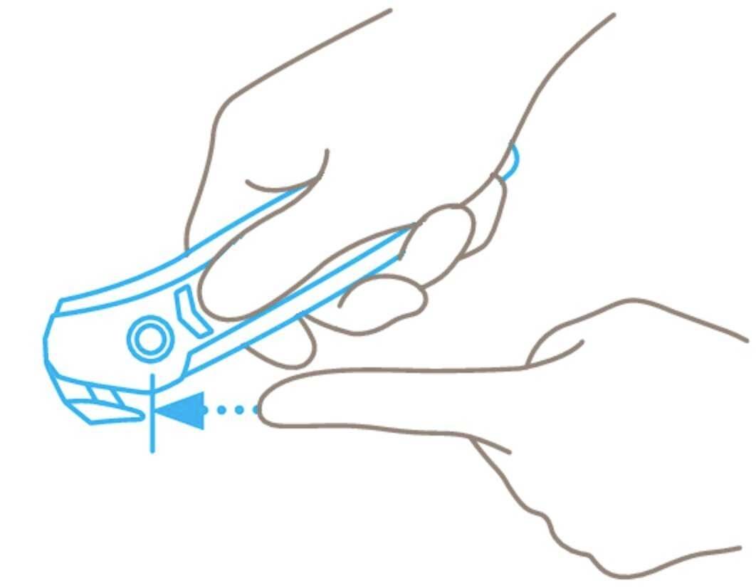 A hand holds a safety knife, while the other points to it. It illustrates how to safely hold a knife to avoid injuries.