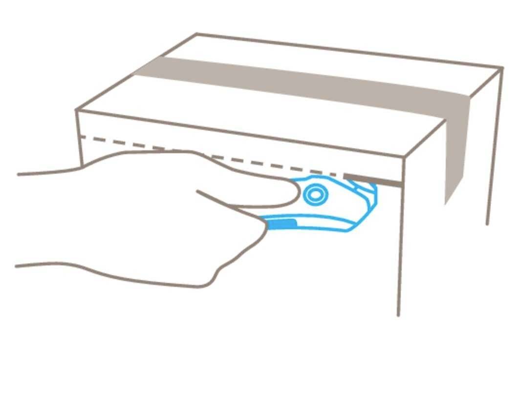 A hand with a Stanley knife is shown opening the top of a sealed cardboard box.